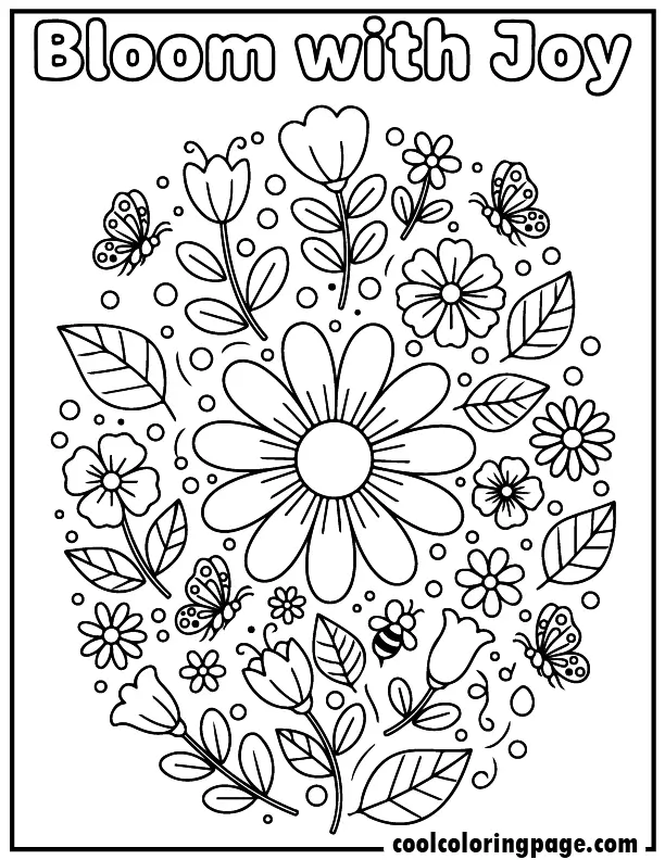 Printable flower coloring pages flower coloring pages for adults featuring a large daisy with butterflies and bees, beautiful flower coloring pages printable free for kids and adults with “Bloom with Joy” text.