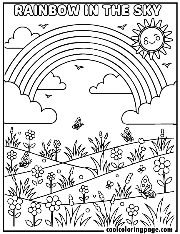 Rainbow coloring pages featuring a sunny meadow scene with flowers, butterflies, clouds, and a smiling sun, perfect rainbow coloring pages for kids and rainbow coloring pages printable free.