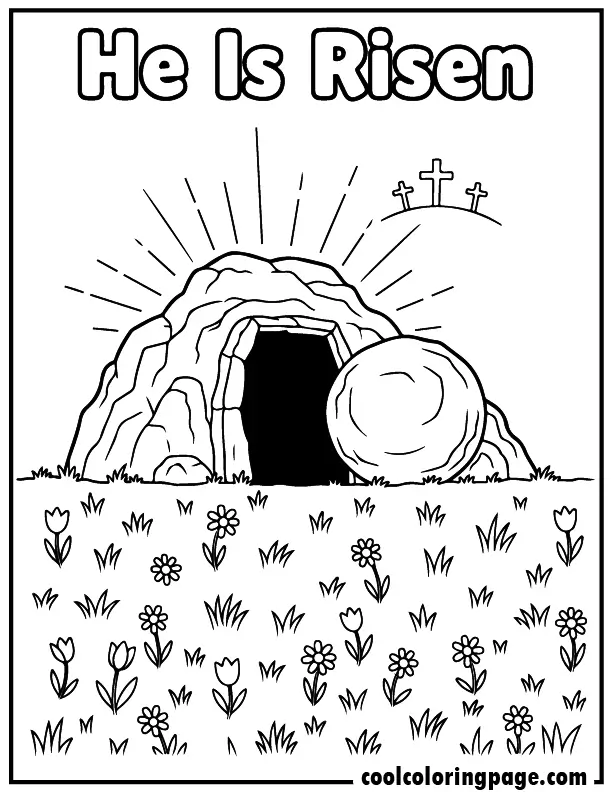 Religious Easter coloring pages featuring the empty tomb with the stone rolled away and sunrise rays with the words “He Is Risen”, Religious coloring pages printable for kids.