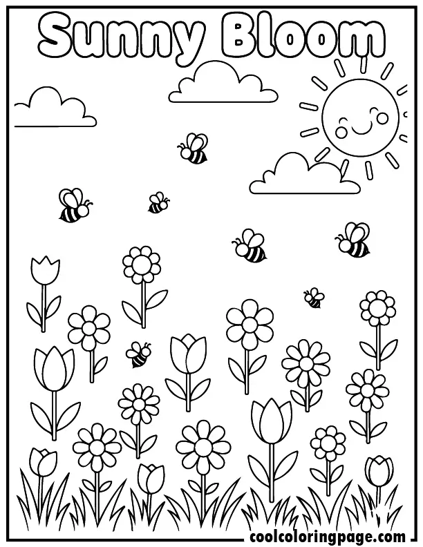 Printable flower coloring pages flower coloring pages for adults showing a floral meadow with sun, clouds, and butterflies, flower coloring pages printable pdf for kids and adults with “Sunny Bloom” text.