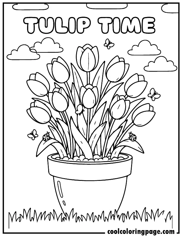 02 tulip pot printable flower coloring pages for kids