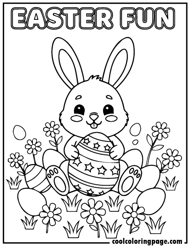 Cute bunny holding a decorated egg – Easter egg coloring pages for kids