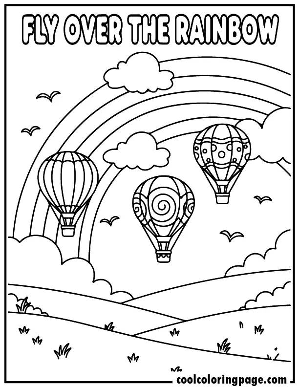 Rainbow coloring pages with hot air balloons floating around a large rainbow in the sky, great rainbow coloring pages printable pdf and rainbow coloring pages for kids.