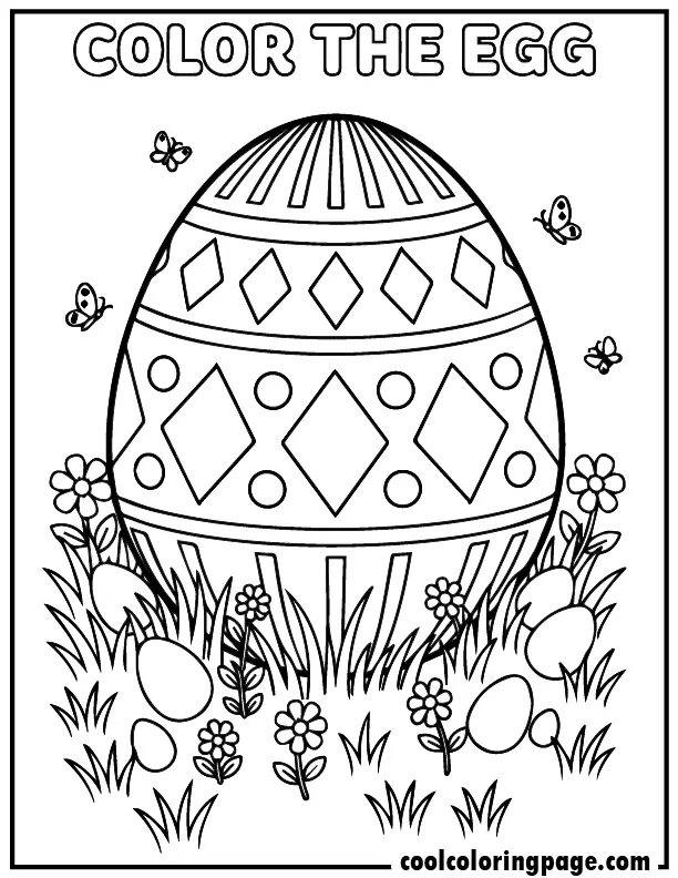 Large geometric patterned egg in a field – Easter egg coloring pages printable pdf