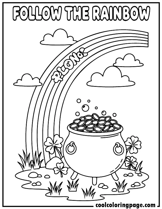 Rainbow coloring pages featuring a rainbow ending at a pot of gold with clovers and clouds, fun rainbow coloring pages free printable pdf for children and adults.