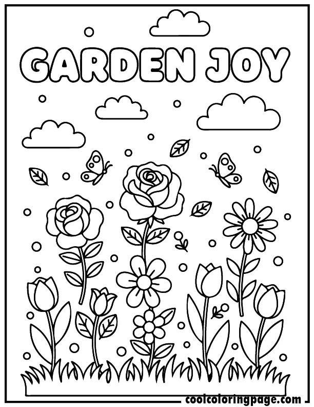 Printable flower coloring pages flower coloring pages for adults showing a garden scene with butterflies and clouds, printable flower coloring pages for toddlers and kids with “Garden Joy” text.