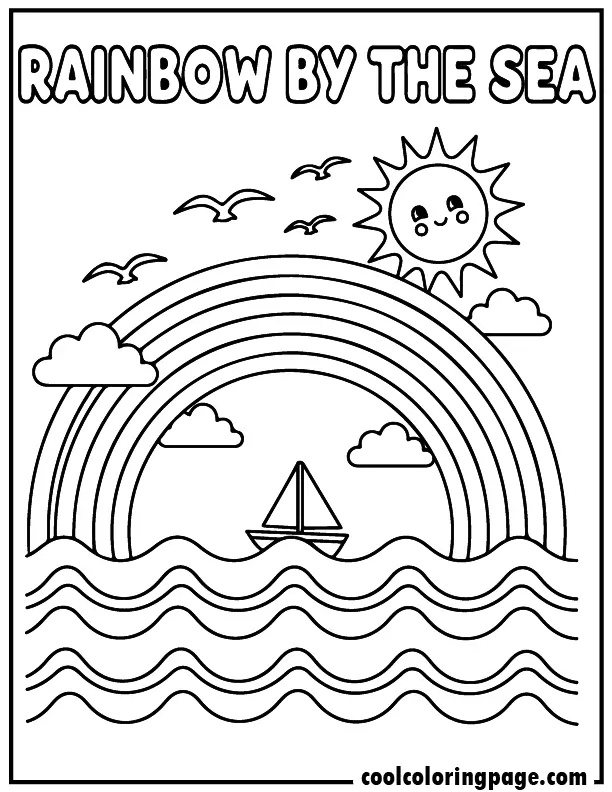 Rainbow coloring pages with ocean waves, sailboat, and rainbow in the sky, perfect rainbow coloring pages pdf and rainbow coloring pages for toddlers.