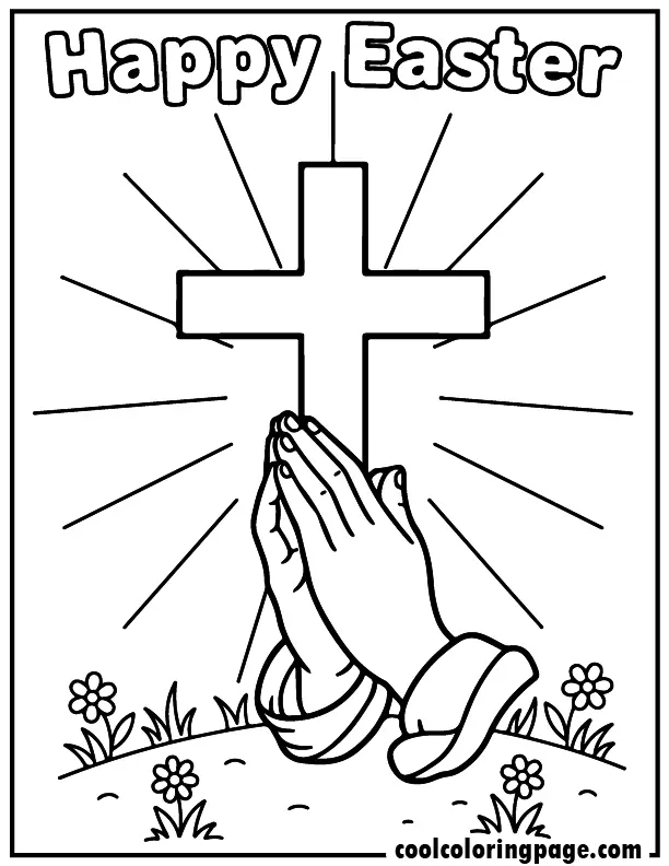 Religious Easter coloring pages featuring praying hands in front of a cross with rays of light and the words “Happy Easter”, Religious coloring pages for adults.