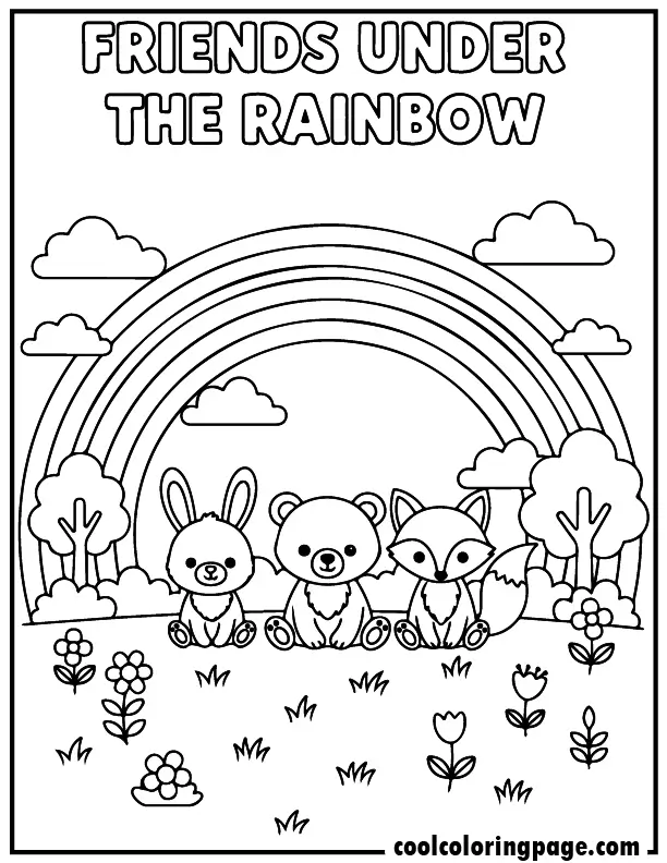Rainbow coloring pages showing cute forest animals sitting under a rainbow, great rainbow coloring pages for kids and rainbow coloring pages printable free.