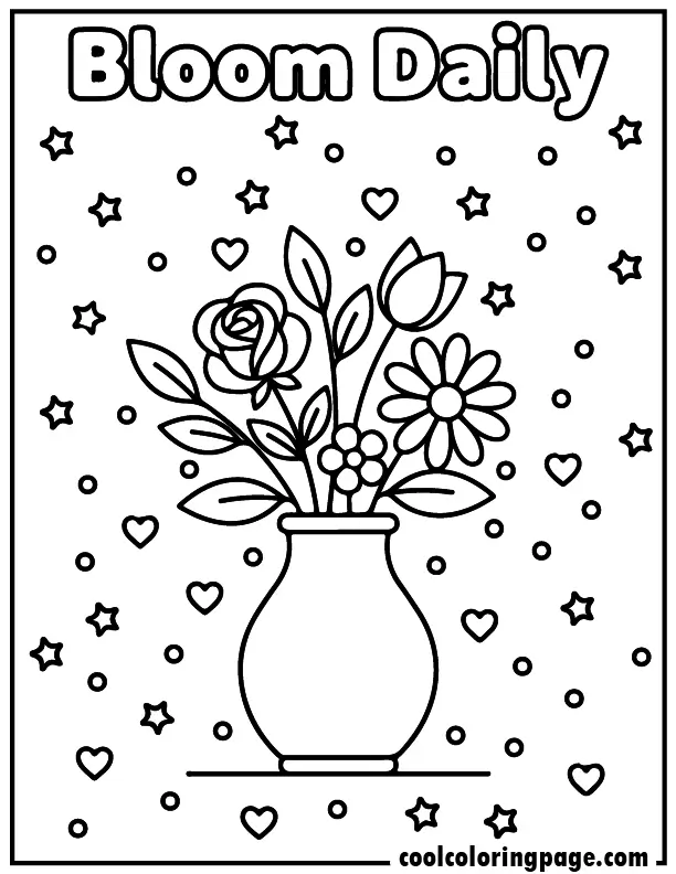 Printable flower coloring pages flower coloring pages for adults with bouquet in a vase, printable flower coloring pages for adults and kids with “Bloom Daily” text.