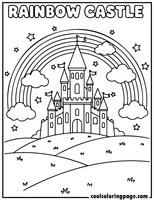 Rainbow coloring pages featuring a fairy tale castle under a large rainbow, ideal rainbow coloring pages printable pdf and rainbow coloring pages for preschool.