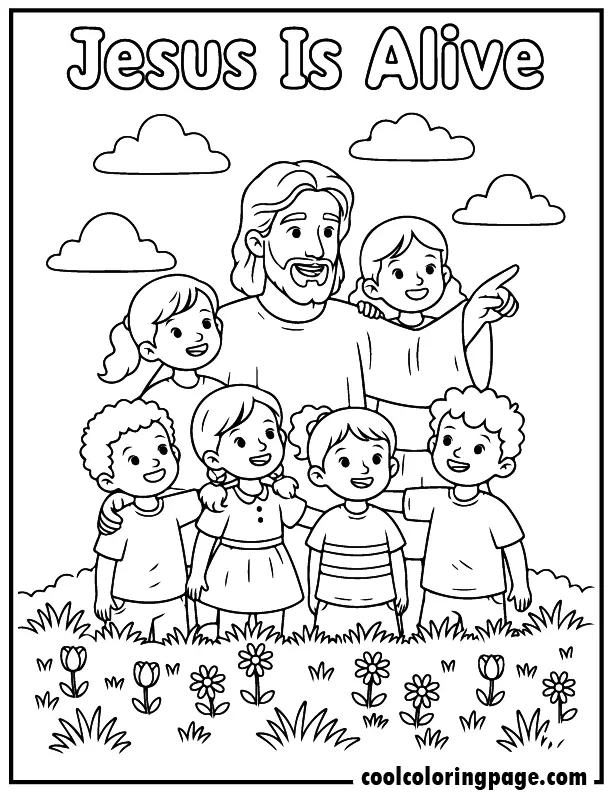 Religious Easter coloring pages featuring Jesus with children surrounded by flowers and clouds with the words “Jesus Is Alive”, Religious coloring pages for kids.