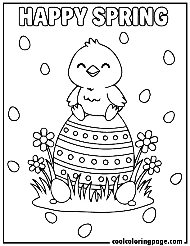 Smiling chick sitting on decorated egg – Easter egg coloring pages for toddlers