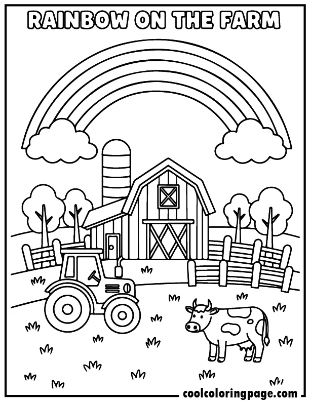 Rainbow coloring pages with a farm scene including barn, cow, and rainbow in the sky, perfect rainbow coloring pages free and rainbow coloring pages for kids.