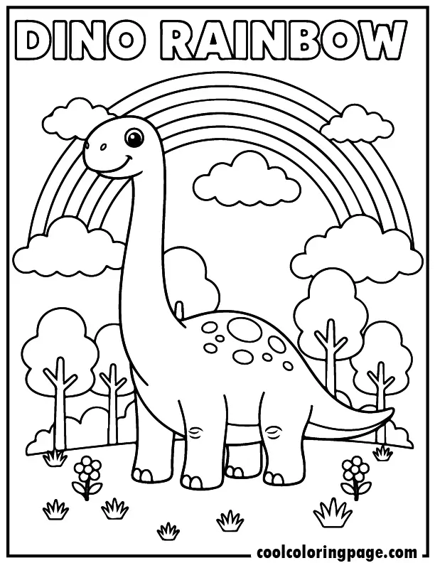Rainbow coloring pages featuring a friendly dinosaur under a rainbow with trees and clouds, fun rainbow coloring pages printable and rainbow coloring pages for toddlers.