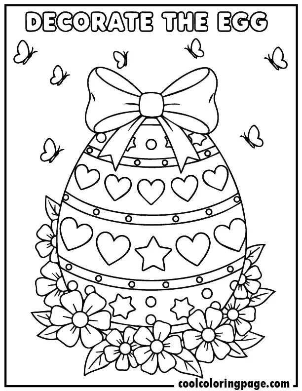 Large Easter egg with ribbon bow and shapes – Easter egg coloring pages printable free