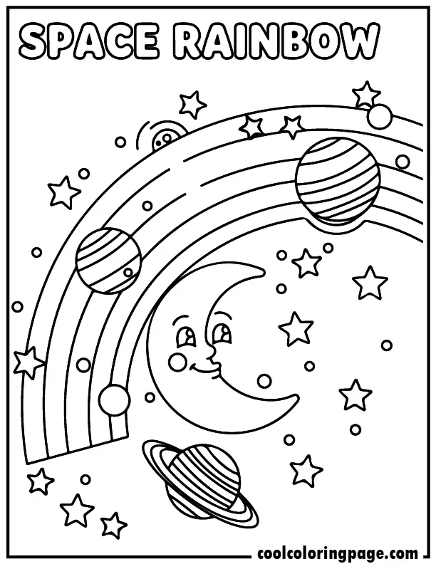 Rainbow coloring pages with planets, stars, and a rainbow in space, creative rainbow coloring pages pdf and rainbow coloring pages for adults.