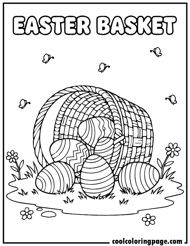 Basket tipped over with eggs rolling out – Easter egg coloring pages printable