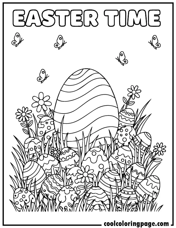 Big egg with wavy stripes and butterflies – Easter egg coloring pages printable pdf