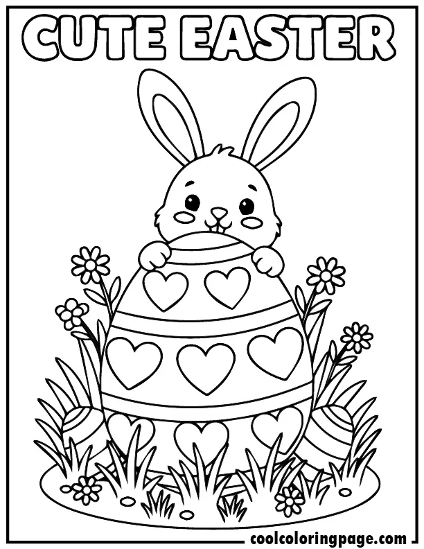 Bunny peeking behind decorated egg – Easter egg coloring pages for kids