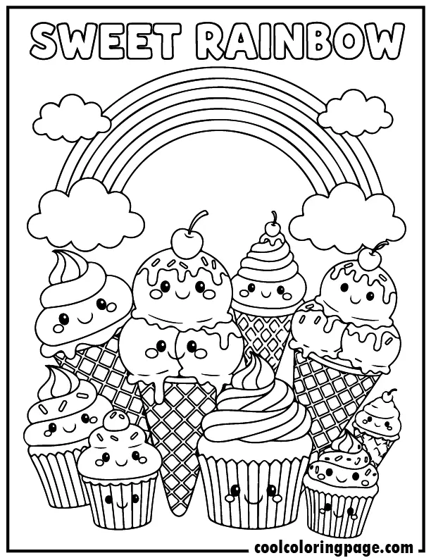 Rainbow coloring pages featuring ice cream cones and cupcakes under a rainbow, sweet rainbow coloring pages for kids and rainbow coloring pages printable pdf.