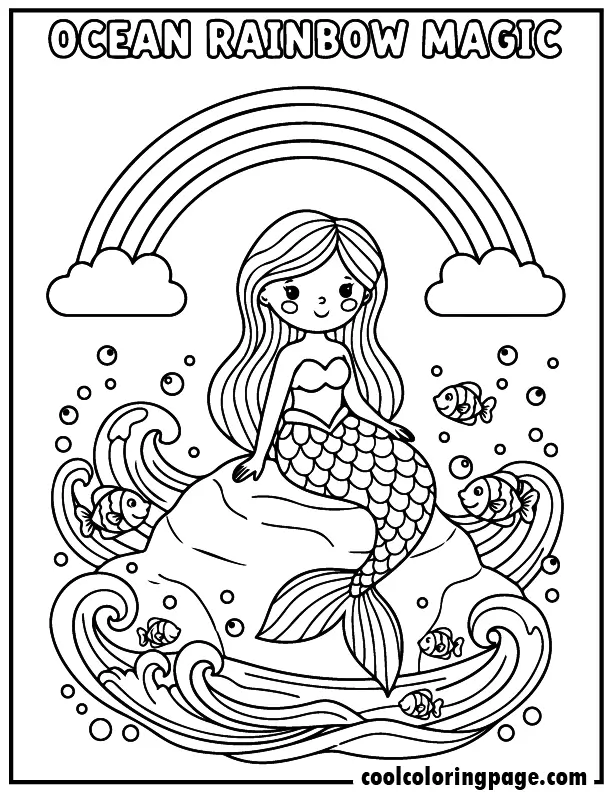 Rainbow coloring pages featuring a mermaid sitting under a rainbow by the ocean, beautiful rainbow coloring pages printable free and rainbow coloring pages for kids.