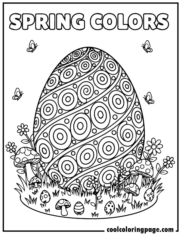 Easter egg with spiral designs and spring flowers – Easter egg coloring pages for adults
