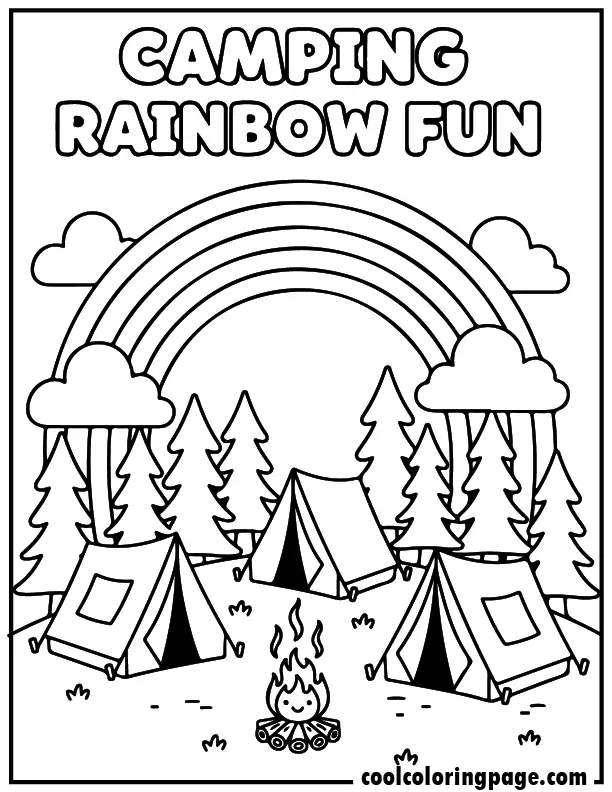 Rainbow coloring pages with tents, trees, and a rainbow in the sky, fun rainbow coloring pages free printable pdf for kids and adults.