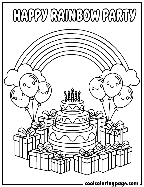 Rainbow coloring pages featuring balloons, cake, and rainbow at a birthday party, cheerful rainbow coloring pages printable and rainbow coloring pages for toddlers.