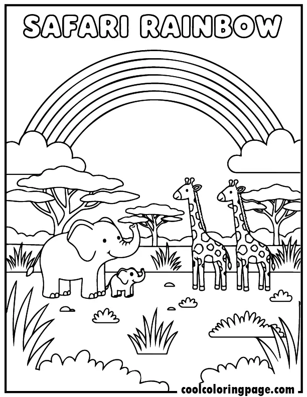 Rainbow coloring pages showing safari animals like giraffe and elephant under a rainbow, exciting rainbow coloring pages pdf and rainbow coloring pages for kids.
