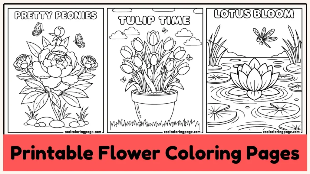 Easy printable flower coloring pages for kids and adults.