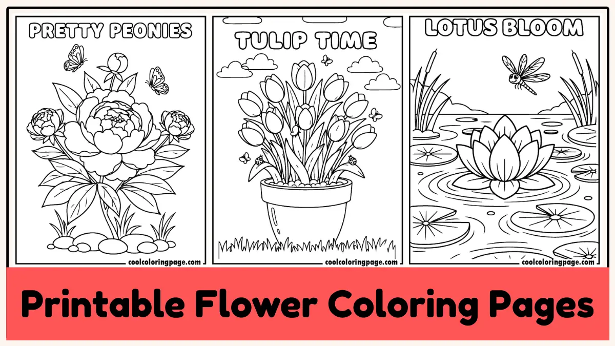 Easy printable flower coloring pages for kids and adults.