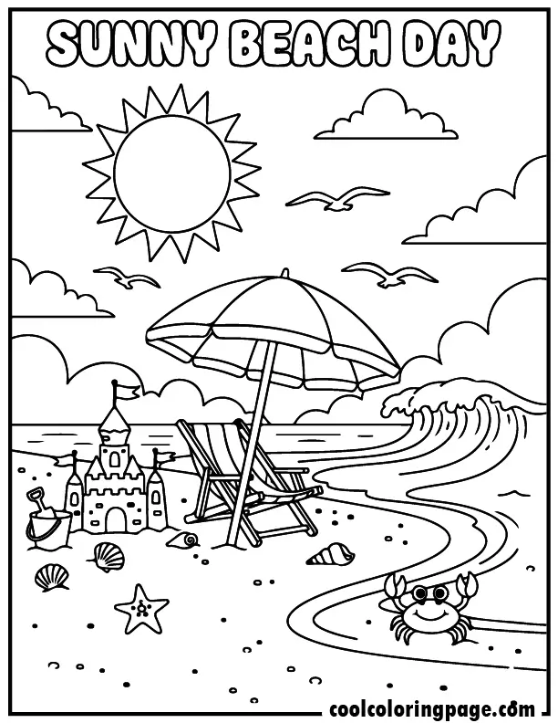 Free printable summer coloring pages beach scene with sun, sandcastle, umbrella and ocean waves, free printable summer coloring pages for kids and summer coloring pages easy design