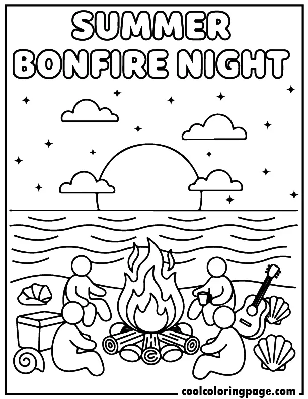 Free printable summer coloring pages beach bonfire night with fire and ocean waves, free printable summer coloring pages for kids and summer coloring pages easy design