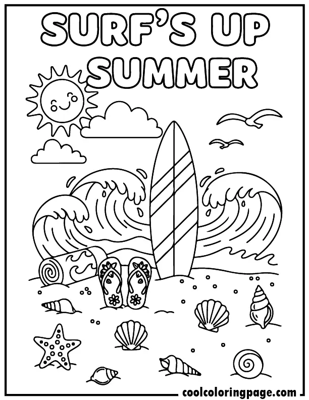 Free printable summer coloring pages surfing beach scene with surfboard and waves, free printable summer coloring pages for kids and summer coloring pages easy design