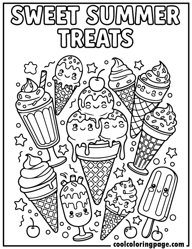 Free printable summer coloring pages with ice cream cones and popsicles, free printable summer coloring pages for kids pdf and summer coloring pages for adults fun treats theme