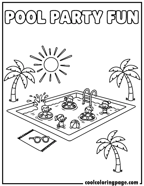 Free printable summer coloring pages pool party scene with floaties and beach ball, free printable summer coloring pages for kids and free printable summer coloring pages for toddlers