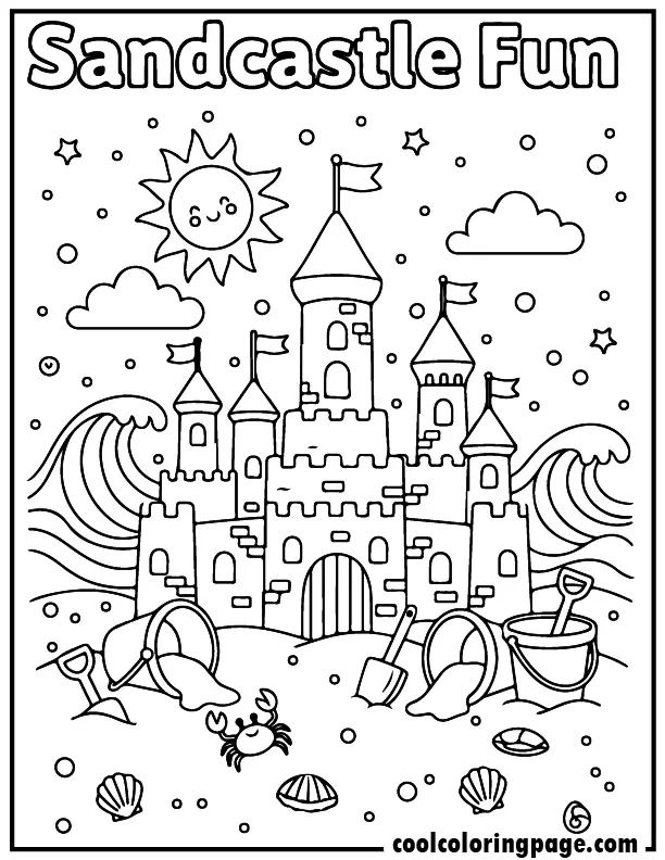 Free printable summer coloring pages sandcastle with buckets shells and ocean, free printable summer coloring pages for toddlers and free printable summer coloring pages for kids