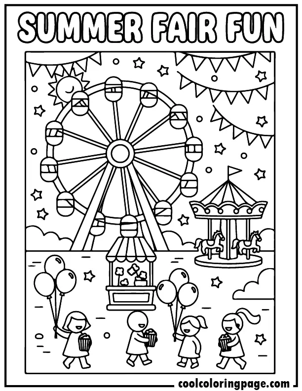 Free printable summer coloring pages summer fair with ferris wheel and balloons, free printable summer coloring pages for kids pdf and summer coloring pages for adults