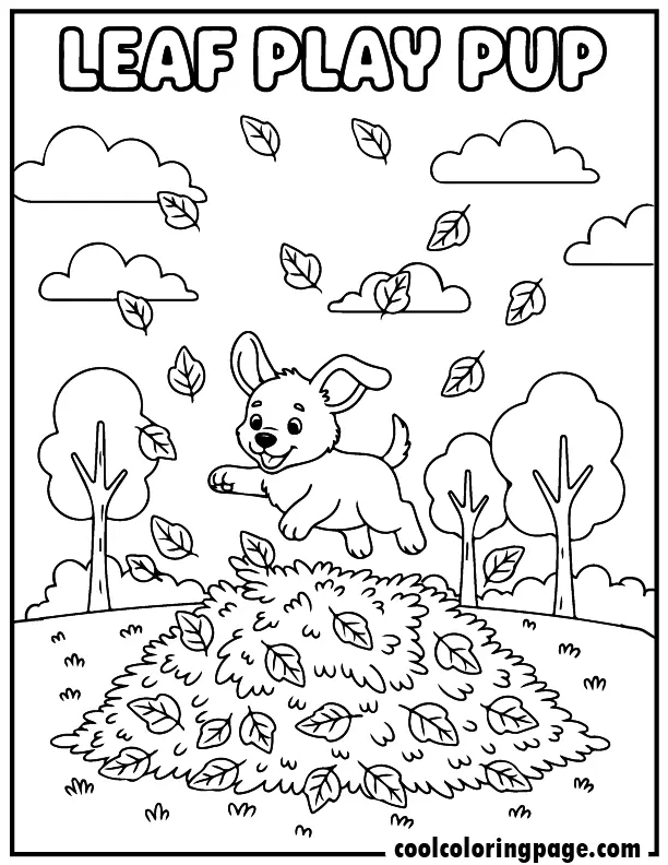 04 cute dog coloring pages puppy playing leaves