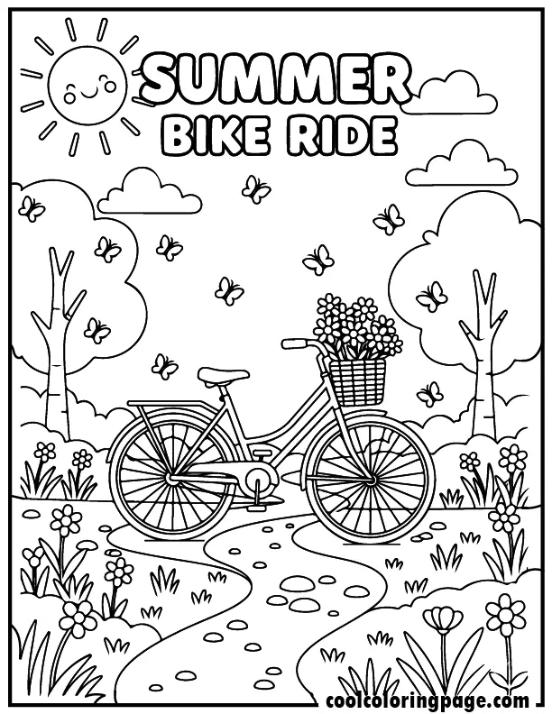 Free printable summer coloring pages summer bike ride with flowers and sun, free printable summer coloring pages for adults and free printable summer coloring pages pdf