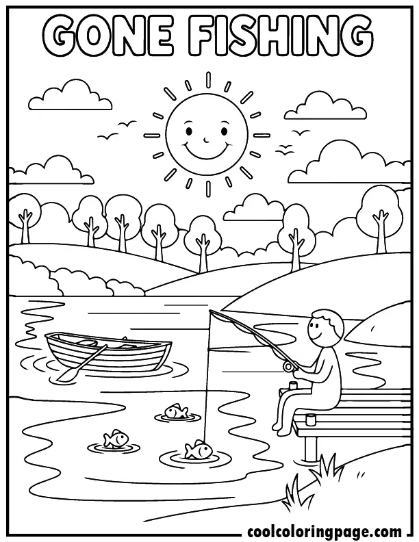 Free printable summer coloring pages fishing by the lake with boat and fish, free printable summer coloring pages for adults and free printable summer coloring pages for kids