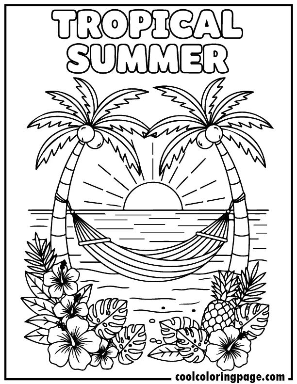 Free printable summer coloring pages tropical island with palm trees and ocean, free printable summer coloring pages for adults and free printable summer coloring pages pdf