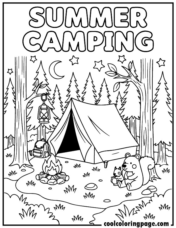 Free printable summer coloring pages camping scene with tent and campfire, free printable summer coloring pages for kids pdf and summer coloring pages easy outdoor theme