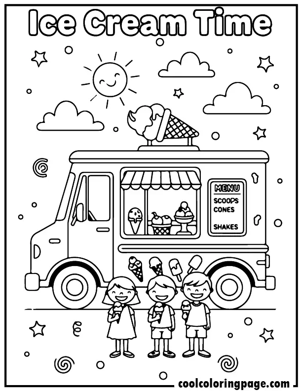 Free printable summer coloring pages ice cream truck scene with kids and cones, free printable summer coloring pages for kids pdf and summer coloring pages easy theme