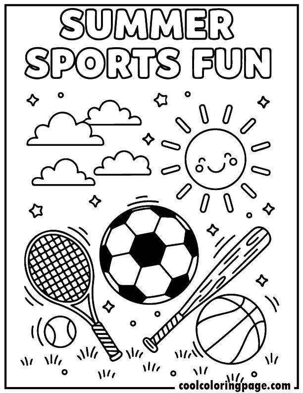 Free printable summer coloring pages summer sports items with balls and racket, free printable summer coloring pages for kids pdf and summer coloring pages easy theme