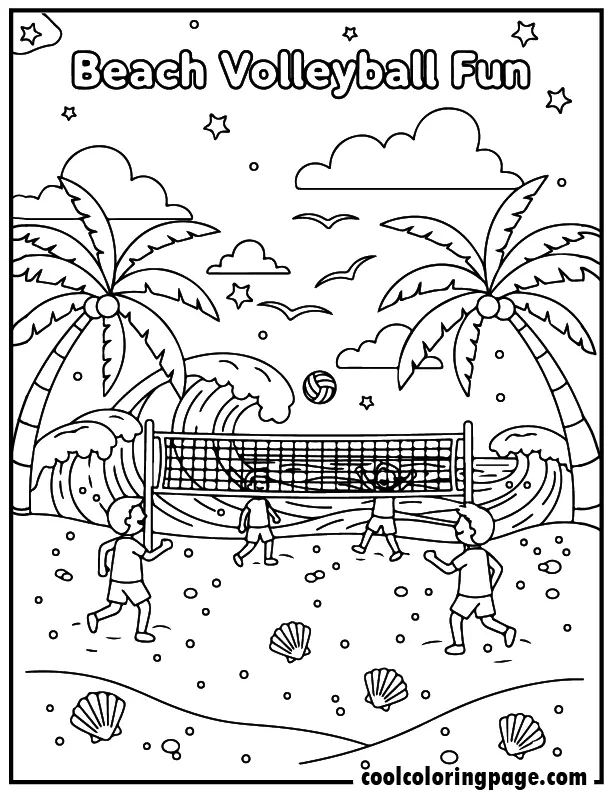 Free printable summer coloring pages beach volleyball scene with net and ball, free printable summer coloring pages for adults and free printable summer coloring pages for kids