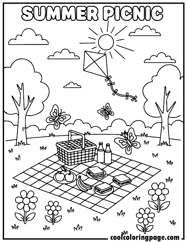 Free printable summer coloring pages picnic in the park with basket and blanket, free printable summer coloring pages for toddlers and free printable summer coloring pages for kids