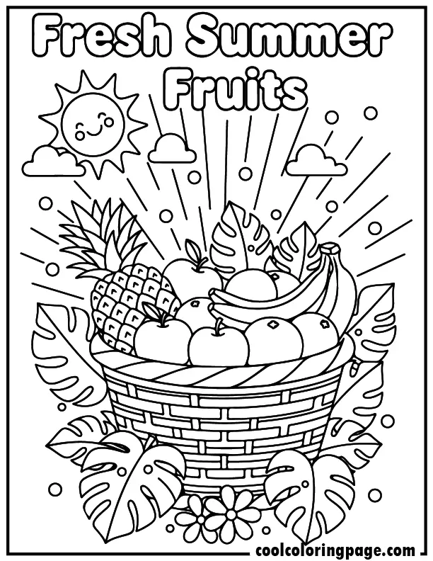 Free printable summer coloring pages fruit basket with pineapple and bananas, free printable summer coloring pages for kids and summer coloring pages easy