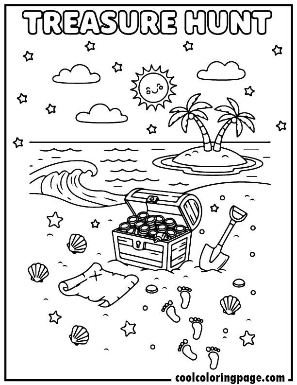Free printable summer coloring pages beach treasure hunt with chest and map, free printable summer coloring pages for adults and free printable summer coloring pages pdf